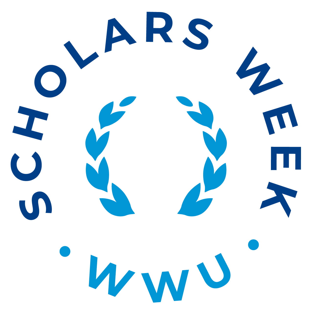 Logo: Scholars Week WWU text circling the perimeter with circle of laurel leaves at center. 